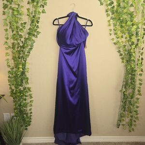 NWT Missacc Regency Purple Backless Cascading Ruffles Bustled Maxi Prom Dress